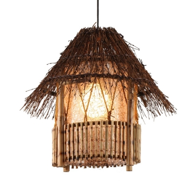 Country Style 1 Light Pendant Lamp Brown Hut/Pavilion Suspended Lighting Fixture with Bamboo Shade