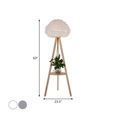 Dome Shade Tripod Floor Lamp Nordic Feather 1-Light Grey/White Standing Light with Wood Shelf