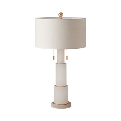 Drum Pull-Chain Table Light Simplicity Fabric Single Living Room Night Lamp with Tiered Marble Pedestal in Black/White