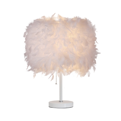 Feather Drum Shaped Table Light Modernist 1-Head White/Red/Pink Nightstand Lamp for Girls Bedroom