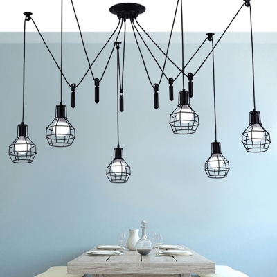 Iron Ball Cage Multi Hanging Lamp Rustic 6 Lights Dining Room Swag Pendant in Black