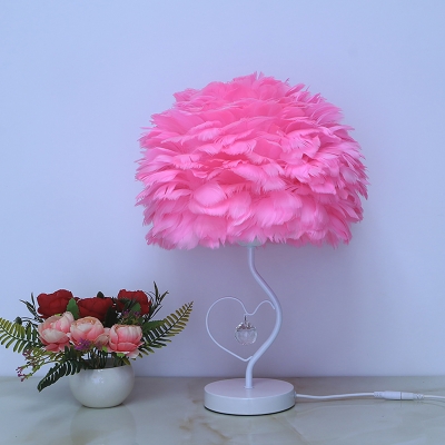 Modern Artichoke Night Lamp Feather 1 Bulb Bedroom Table Light in Pink/Grey/Yellow with Heart-Shape Frame and Crystal Orb