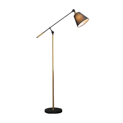 Nordic Swing Arm Task Floor Lamp Metal 1 Head Living Room Floor Reading Light with Cone Fabric Shade in Black/White and Wood