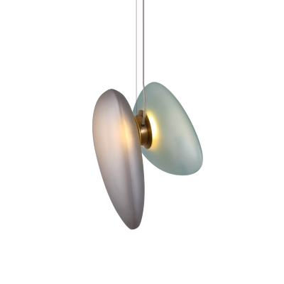 Pebble Shaped Hanging Light Kit Postmodern Light Blue/Cream and Smoky Glass 2 Heads Brass Cluster Pendant Light