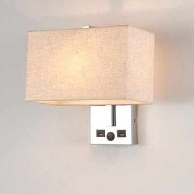 Rectangular Wall Lamp Modernism Fabric 1 Head Living Room Wall Light Kit with Dual USB Port in Black/White/Beige