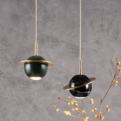 Ringed Planet Marble Hanging Light Postmodern Black/White/Green and Brass LED Pendant Light Fixture