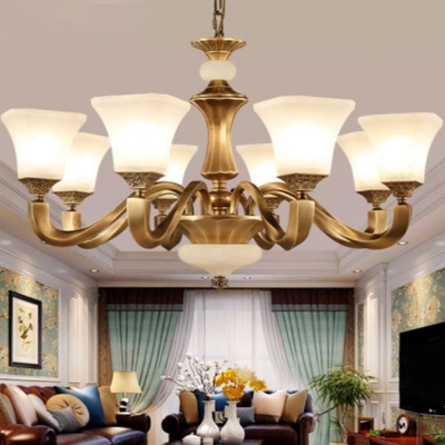 Squared Bell Bedroom Chandelier Vintage Opaline Frosted Glass 3/6 Bulbs Brass Hanging Lamp