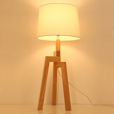 Tapered Table Night Light Minimal Fabric Single White Table Lamp with Wood Tripod Stand