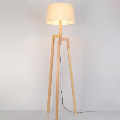 Trapezoid Tripod Floor Lighting Modern Wood Single White Floor Reading Lamp with Tapered Fabric Shade