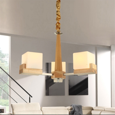 Wooden Sputnik Chandelier Lighting Contemporary 3/5/8 Lights Ceiling Hang Lamp with Cubic Acrylic Shade