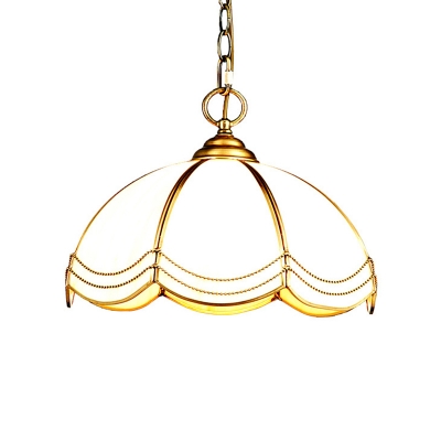 1 Bulb Scalloped Dome Pendant Lighting Traditional Brass Textured White Glass Hanging Ceiling Light
