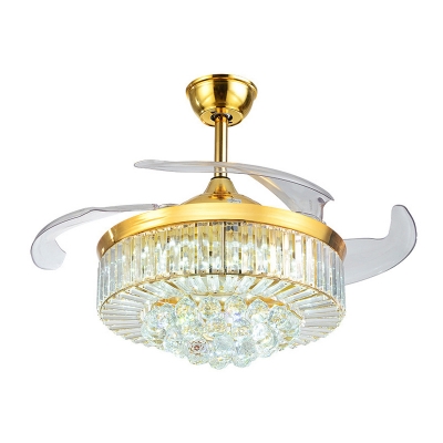 4-Blade Gold Round Pendant Fan Lighting Modern Crystal LED Semi Flush Ceiling Light Fixture, 19