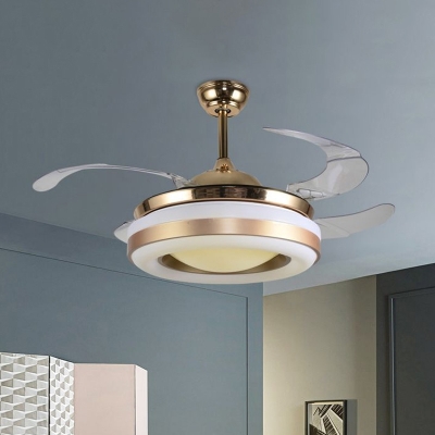 Acrylic Recessed Shade Semi-Flush Ceiling Light Minimalistic Gold 4 Blades LED Pendant Fan Light, 19