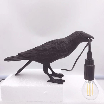 Art Deco Bird Night Light Resin Single-Bulb Bedroom Table Light in Black/White with Open Bulb Design
