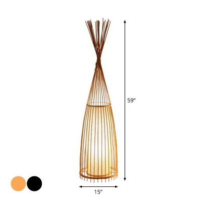 Bamboo Hut Shaped Floor Lamp Asian 1 Head Black/Beige Standing Floor Light with Cylinder Shade Inside, 12