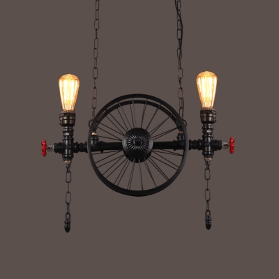 Black 2/3/4-Light Island Lighting Industrial Iron Plumbing Pipe Pendant Lamp with Decorative Wheel and Chain