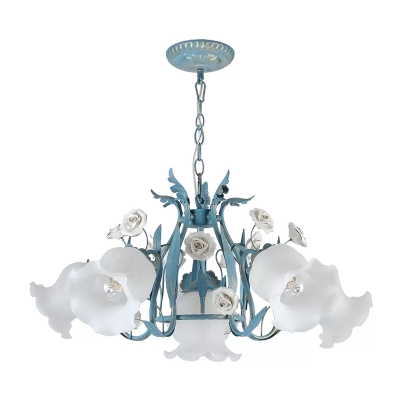 Blossom Bedroom Ceiling Chandelier Korean Flower Frosted Glass 4/6/9 Lights Blue Ceiling Suspension Lamp