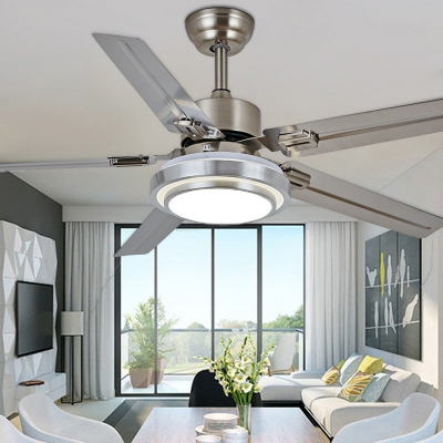Circle Dining Room Semi Flush Mount Lamp Acrylic Modern 5 Blades LED Ceiling Fan Lighting in Silver/Nickel, 42