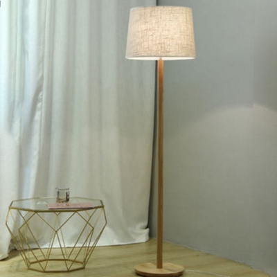 Cylinder Bedroom Reading Floor Lamp Fabric 1 Light Minimalist Standing Floor Light in Wood