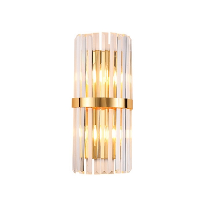 Cylinder Living Room Flush Wall Sconce Crystal Rod 2-Bulb Modern Style Wall Light in Gold