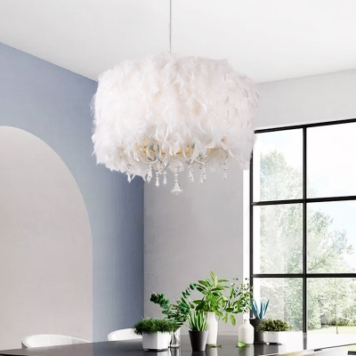Drum Shaped Restaurant Drop Lamp Feather 5-Light Simplicity Chandelier Light Fixture in White with Crystal Droplet