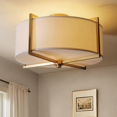 Fabric White Semi Flush Ceiling Light Round/Square 5-Bulb Traditional Flush Mount Lighting with Brass Guard