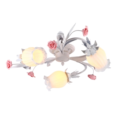 Flowerbud Bedroom Flush Ceiling Light Pastoral Ivory Glass 3 Bulbs White Semi Mount Lighting