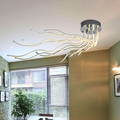 Flowing Line Art Semi Flush Novelty Modern Aluminum Chrome LED Ceiling Mounted Light in Warm/White Light