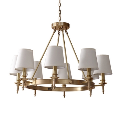 Gold Circular Chandelier Traditional Metal 3/6/8 Heads Dining Room Hanging Lamp with Cone Fabric Shade