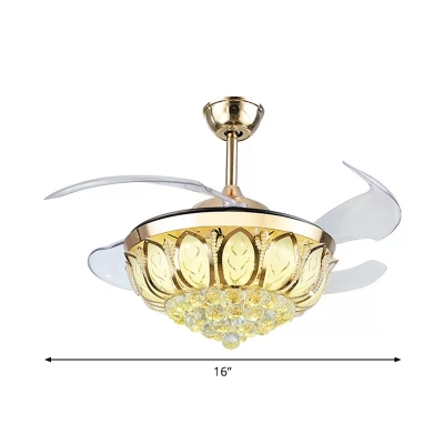 Luxurious Modern Lotus Ceiling Fan Lamp Crystal Orb Dining Room 4-Blade LED Semi Flush Light in Gold, 16