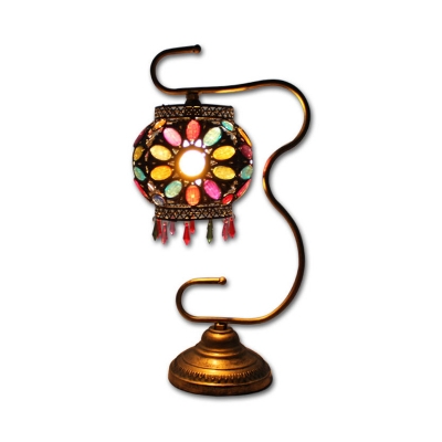 Metal Globe Lantern Table Lamp Bohemian 1-Light Living Room Night Light with Undulated Arm in Brass