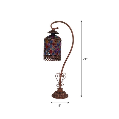Metallic Copper Finish Nightstand Light Gooseneck 1 Bulb Moroccan Table Lamp with Beaded Cylinder Shade