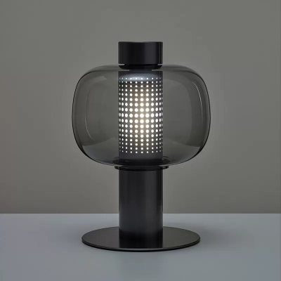 Oval/Capsule Office Table Lamp Smoke Grey/Cognac Glass Single-Bulb Postmodern Nightstand Light in White/Black