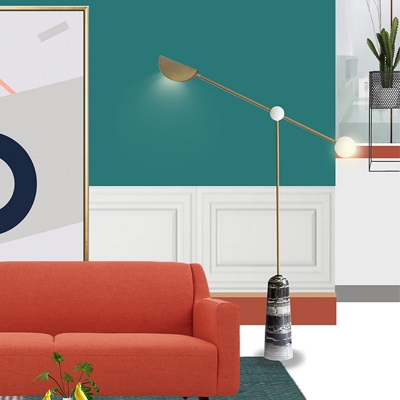 Postmodern Lever Design Floor Lamp White Ball Glass 2-Head Living Room Floor Light in Gold with Marble Base