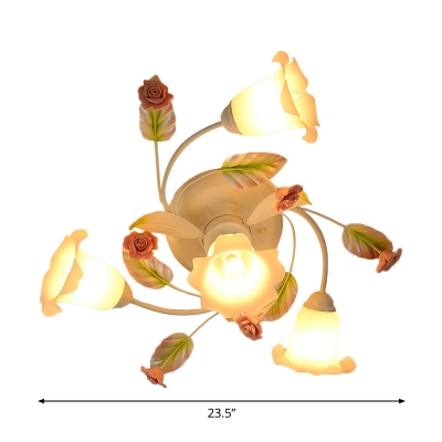 Romantic Pastoral Flower Swirl Ceiling Light 4/7-Light Frosted Glass Semi Flush Mounted Lamp in White