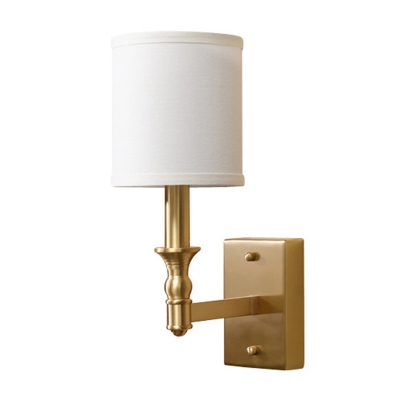 Single-Bulb Cylinder Wall Sconce Light Simple Style Gold Fabric Wall Mounted Light for Bedroom