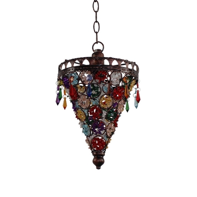 Stained Glass Copper Pendant Lamp Conical Single-Bulb Bohemia Ceiling Hang Light