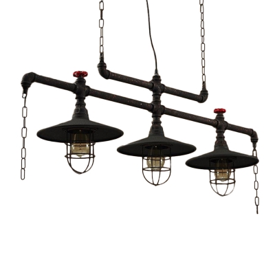Wrought Iron Black Island Pendant Saucer Shade 2/3 Bulbs Industrial Pipe Hanging Light with Cage and Chain