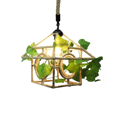 1-Bulb Ceiling Hang Light Cabin Bedroom Plant Pendulum Light with House Rope Shade in Beige