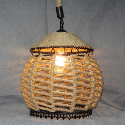 1-Light Natural Fiber Rope Pendant Rural Beige Globe Restaurant Ceiling Hanging Lantern with Artificial Plant