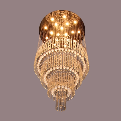 18-Bulb Ceiling Flush Light Fixture Modern Tiered Tapered Crystal Flush Mount in Stainless Steel