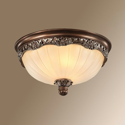 3/4-Head Frosted Rib Glass Ceiling Light Retro Brown Dome Small/Large Bedroom Flush Mounted Lamp