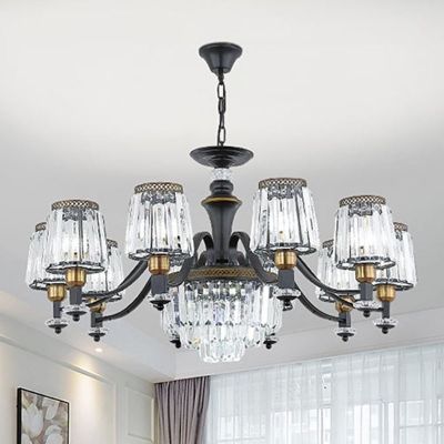3/6/8 Lights Suspension Lamp Retro Living Room Chandelier with Tapered Clear Prismatic Crystal Shade in Black