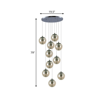 Ball Shaped Cognac Glass Hanging Lamp Modernist 10 Lights Chrome Multi Light Pendant Lighting