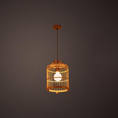 Bamboo Birdcage Hanging Pendant Asian 1-Head Wood Small/Medium/Large Suspended Lighting Fixture