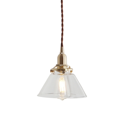 Brass 1-Light Hanging Lamp Industrial Clear/Clear Ribbed Glass Conical Ceiling Pendant over Dining Table