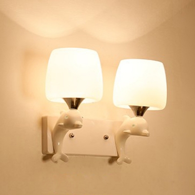 Ceramic Dolphin Wall Lamp Nordic 2 Heads White Sconce Lighting with Tapered White Glass Shade