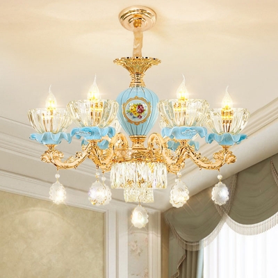 Clear Carved Glass Bowl Chandelier Traditional 6/8/15 Lights Dining Room Hanging Lamp in Gold and Blue