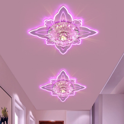 Clear Crystal Flower Flush Light Modern LED Ceiling Mount Lamp in Warm/Pink/Multicolored Light for Hallway