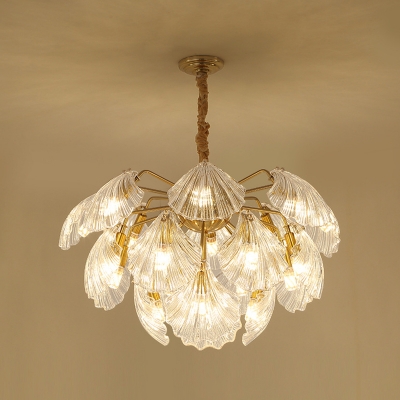 Clear Crystal Scallop Chandelier Coastal 15/20 Lights Living Room Ceiling Pendant in Gold